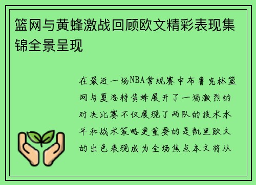 篮网与黄蜂激战回顾欧文精彩表现集锦全景呈现